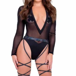 R-6086 - Raver Sheer Mesh Long Sleeved Romper By Roma -Cheap Swathery Store 6086 6087 Blk 09707.1648502308