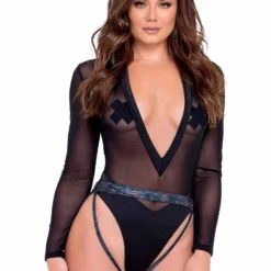 R-6086 - Raver Sheer Mesh Long Sleeved Romper By Roma