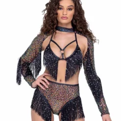 Roma R-6220 - Fringe Sequin Fishnet Triangle Tie Top -Cheap Swathery Store 6220 6221 6222 Blk 86874.1685678019