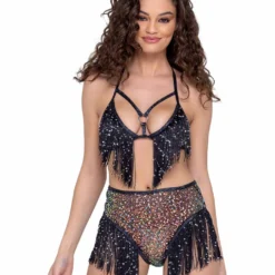 Roma R-6221 - Fringe Sequin Fishnet High Waist Short -Cheap Swathery Store 6220 6221 Blk 21208.1685678318