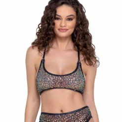 Roma R-6229 - Sequin Fishnet Cropped Tie Top -Cheap Swathery Store 6229 Blk 58448.1685827196
