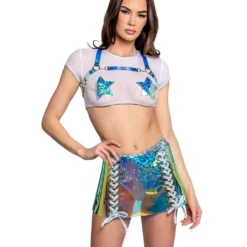 FR123, Sea Holo Vinyl/White Lacing Skirt By J. Valentine -Cheap Swathery Store FR117 SEA FR121 WHT FR123 SEA FRONT 26283.1656614187