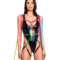 FR124, Black Laser Feather Stretch PVC Bodysuit By J. Valentine -Cheap Swathery Store FR124 BLK FR125 RNB FRONT 17824.1656613898
