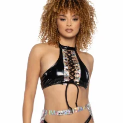 JR-108, Holo Prism & Vinyl Lace-Up Halter Top