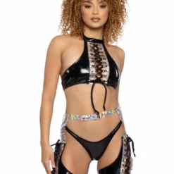 JR-108, Holo Prism & Vinyl Lace-Up Halter Top -Cheap Swathery Store JR108 JR109 JR110 BLK FT 43396.1714928516