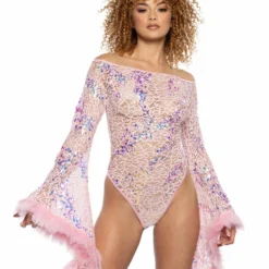 JR-130, Sequin Lace Off The Shoulder Bodysuit -Cheap Swathery Store JR130 PPK FT 87519.1714797966
